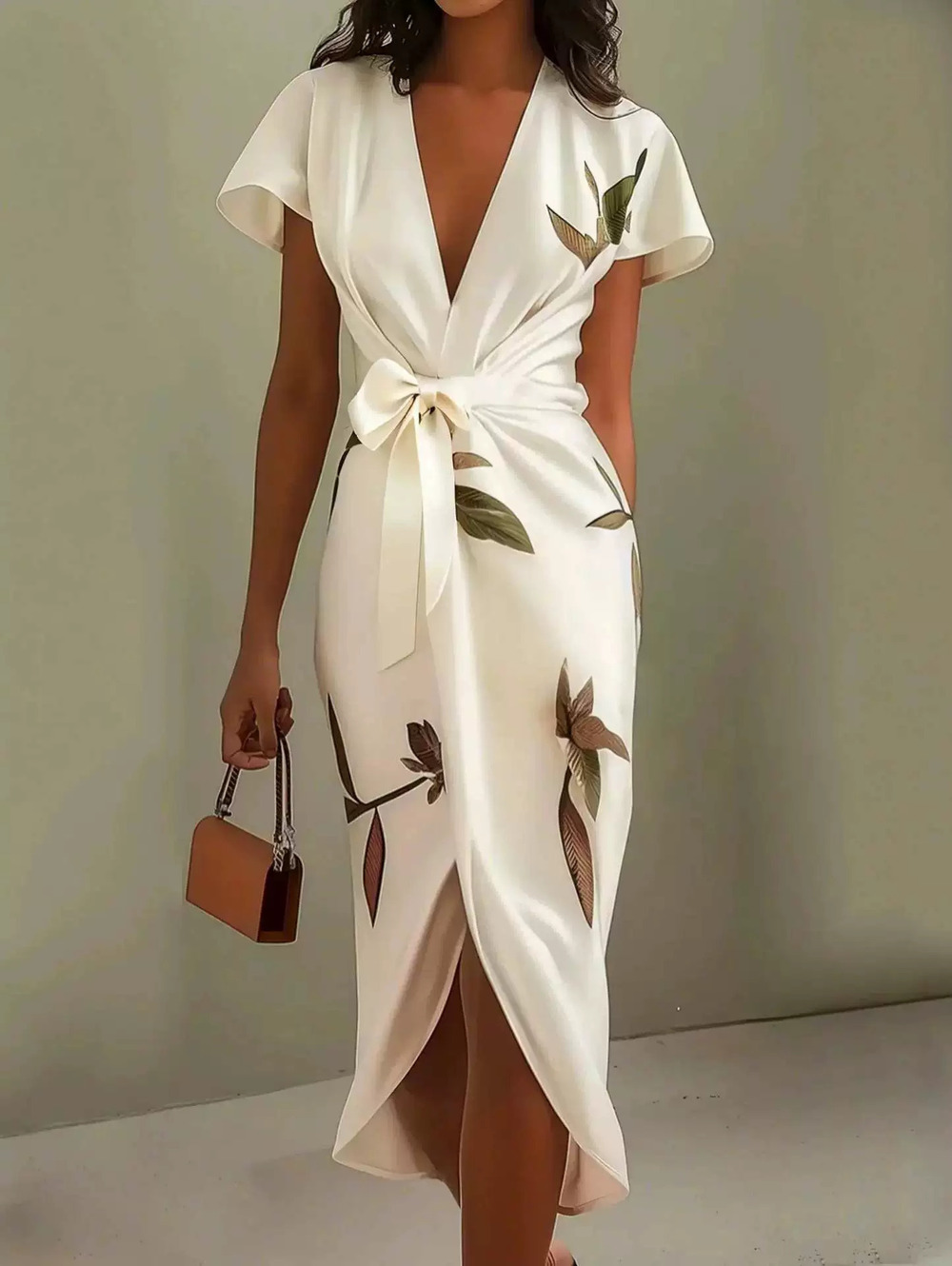 ZARA Collar Short Sleeve Tie Digital Print Formal Dress
